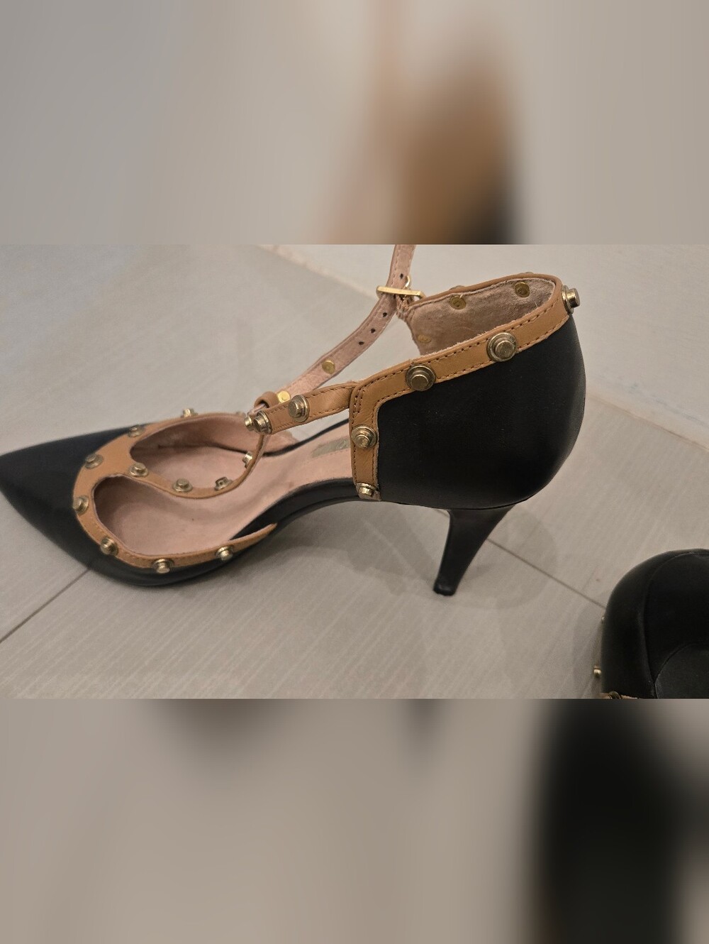 Elegant Black and Tan Studded T-Strap Kitten Heel